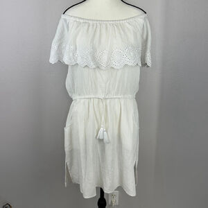 Talbots Womens White Large Crinkle Boho Cottagecore Off Shoulder Mini Dress NWT